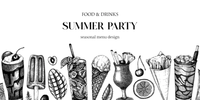 Summer party background. Non-alcoholic beverage, mocktail, ice cream, fruit, cocktail sketches. Hand drawn vector illustration. Summer food festival frame. Tropical design